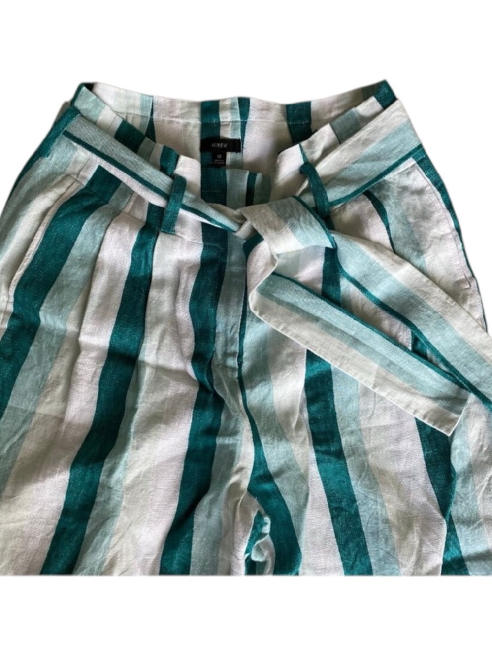 J.Crew Linen Stripe Crop Pants Tie Waist Wide Leg Teal White 12 - Picture 6 of 8
